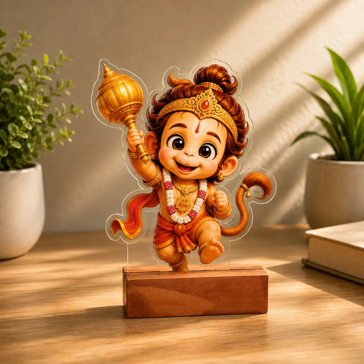 Acrylic Cute Baby Hanuman Desk Standee | Bal Hanuman with Wooden Base