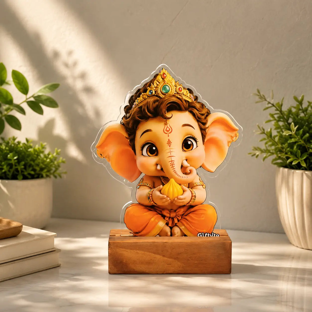 Acrylic Cute Baby Ganesha Desk Standee | Little Ganesha with Wooden Base