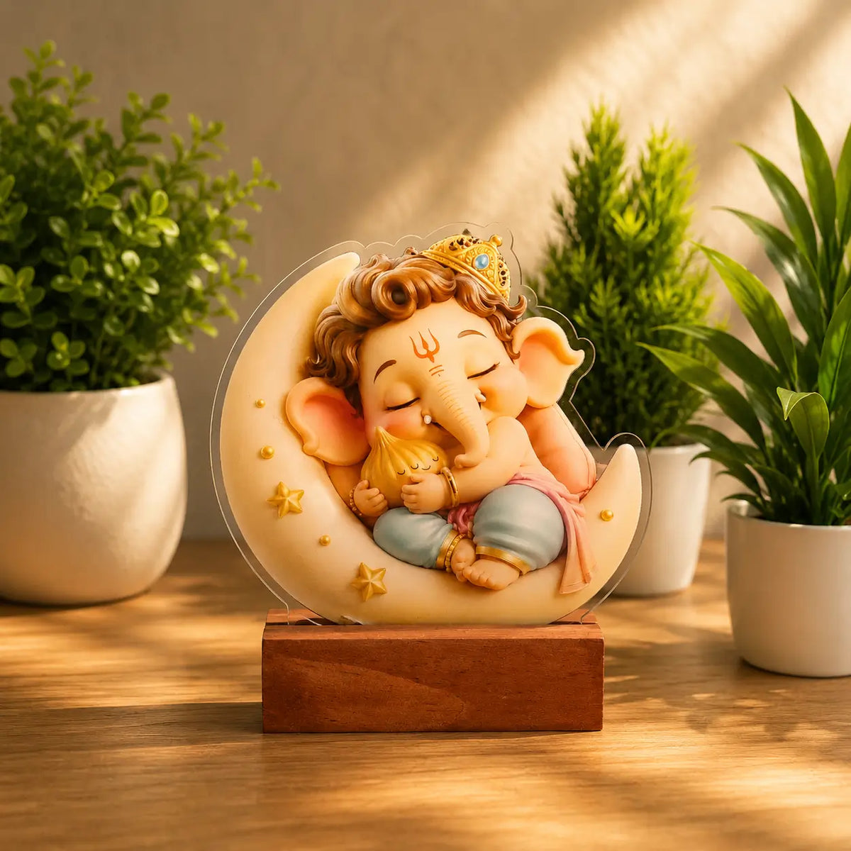 Acrylic Sleeping Baby Ganesha Desk Standee | Cute Bal Ganesha with Wooden Base